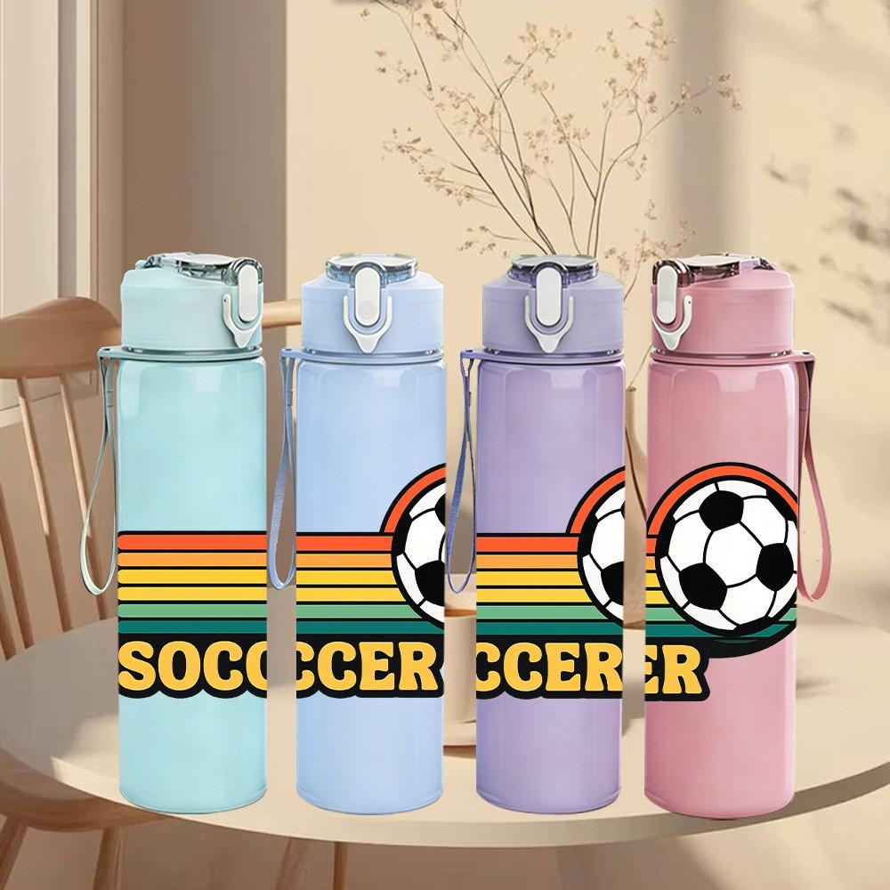 1PC Retro Striped Soccer Logo Print 750ml Color Plastic Sports Water Bottle Leakproof Flip Straw Lid Suitable for Sports Office Home Use