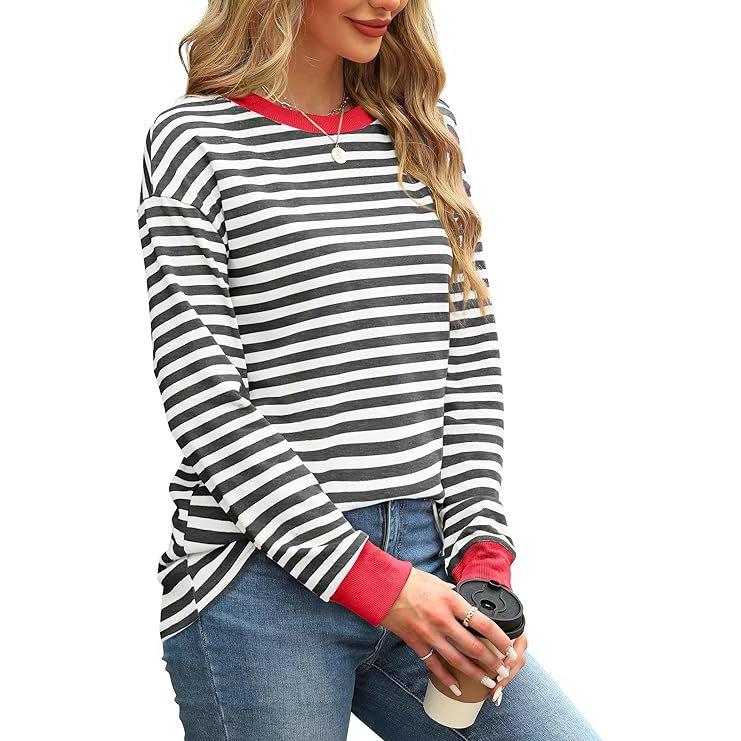 Женская нижняя рубашка осень-зима новая мода контрастного цвета свободный круглый вырез полосатый топ с длинными рукавами