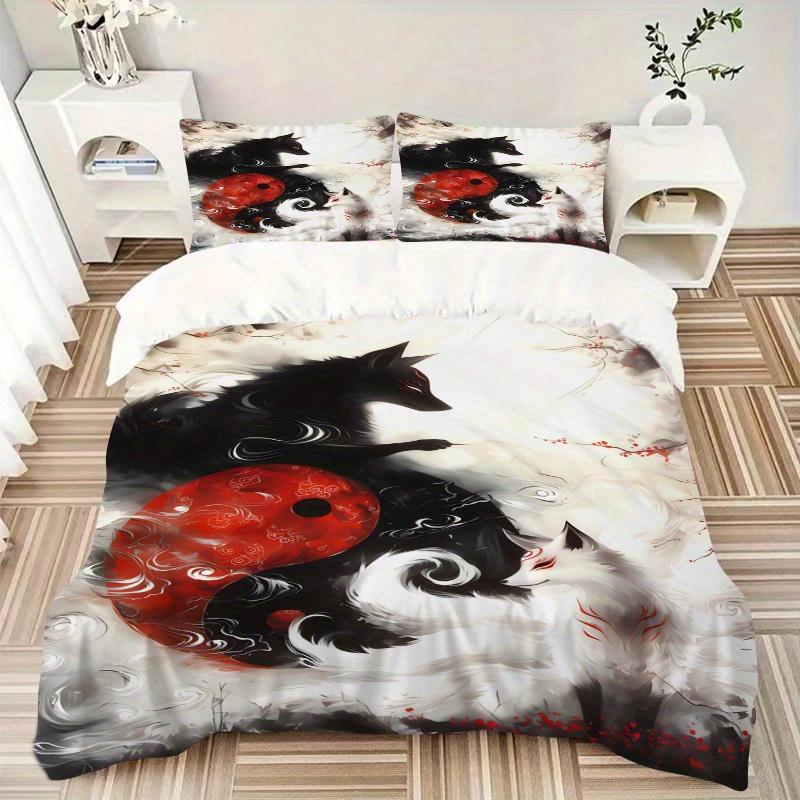 3pcs Yin Yang Fox Bedding Set Soft Polyester Down Comforter Cover and Pillowcases,Home Decoration All Seasons(No Insert) S0819100