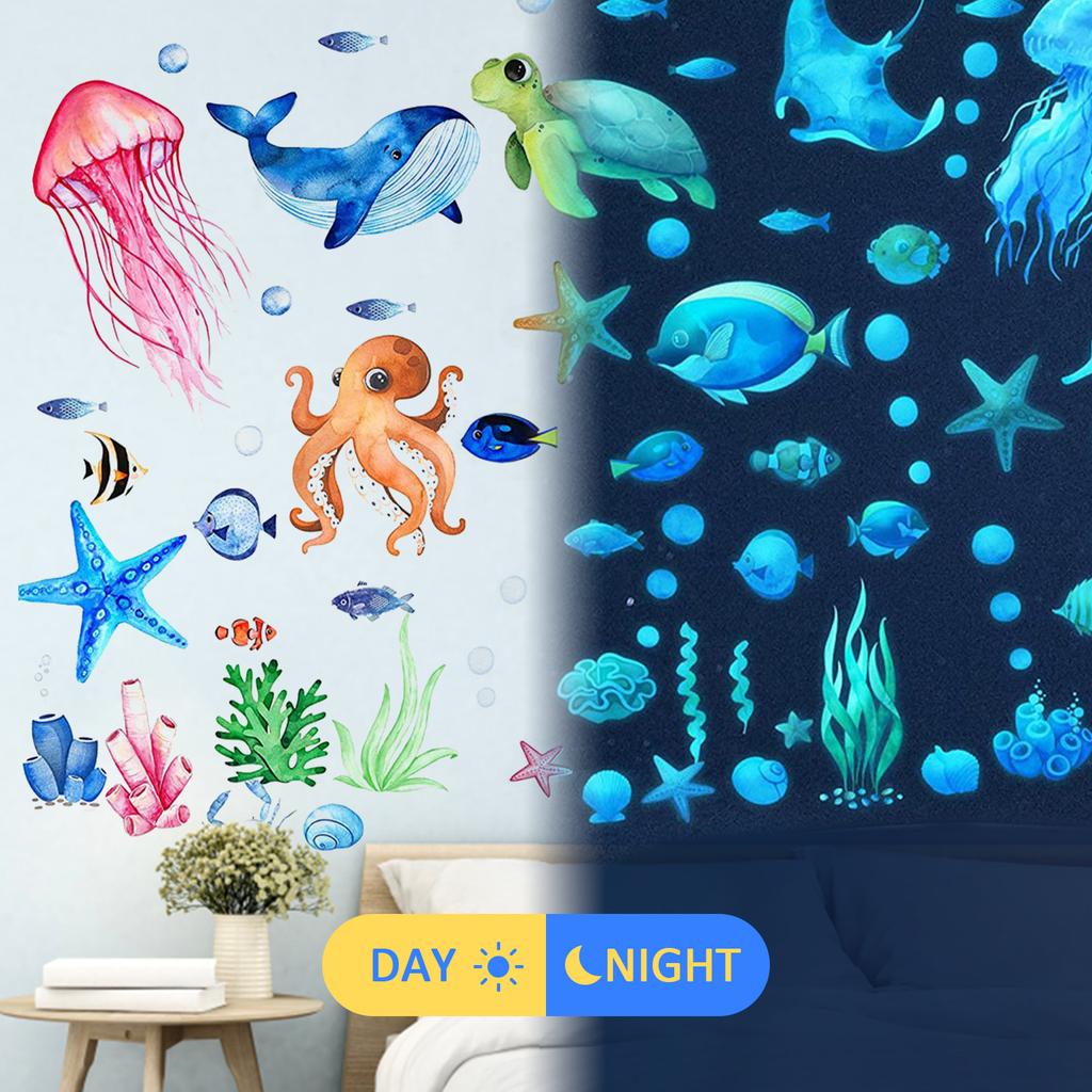 Ocean Creatures Glow in The Dark Wall Stickers Home Decor Luminous Fluorescent Sea Animals Decals for Baby Kids Room Decorations