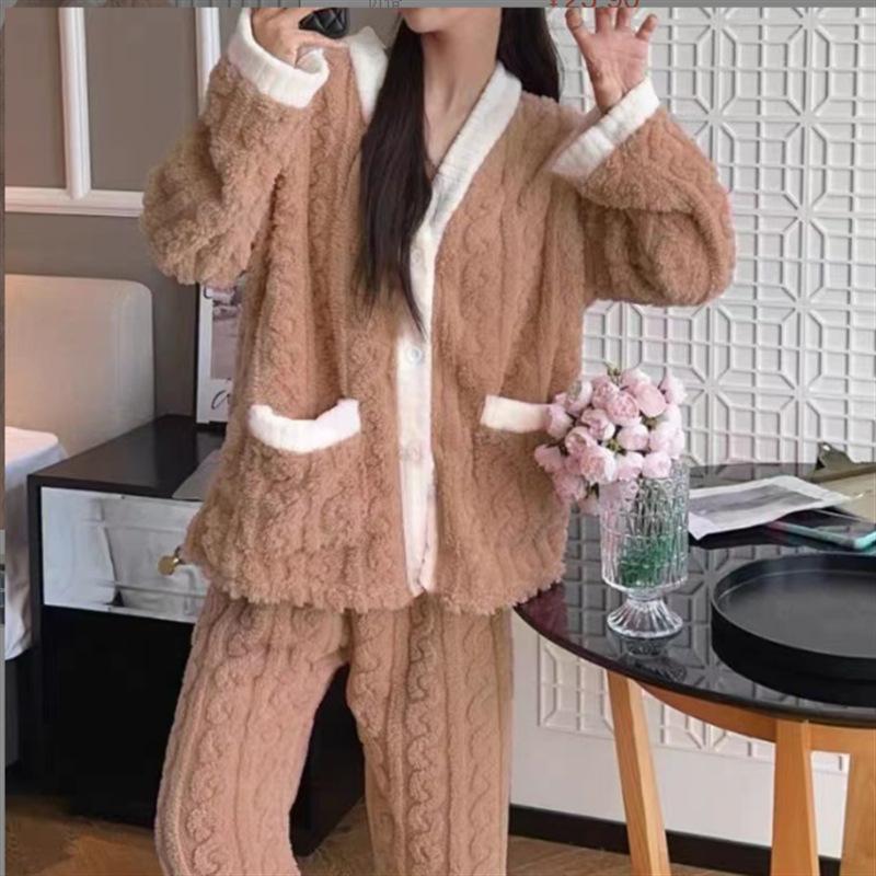 Autumn Winter Women's 2 Piece Set Pajamas Women Thickened Padded Warm Students Coral Clot Velvet Suit Homewear Cardigan Trousers