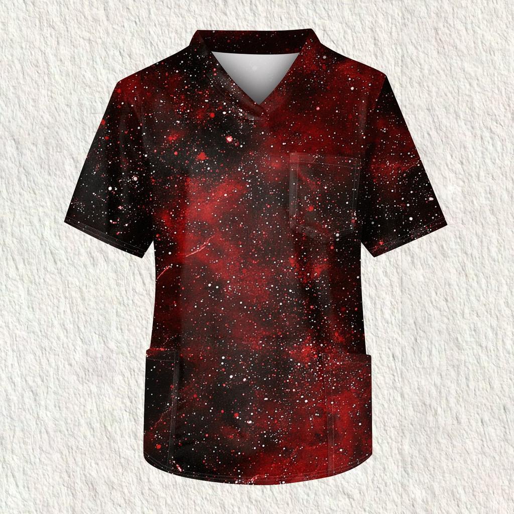 Мужская рабочая блузка с короткими рукавами и v-образным вырезом с принтом, топ с нагрудным карманом