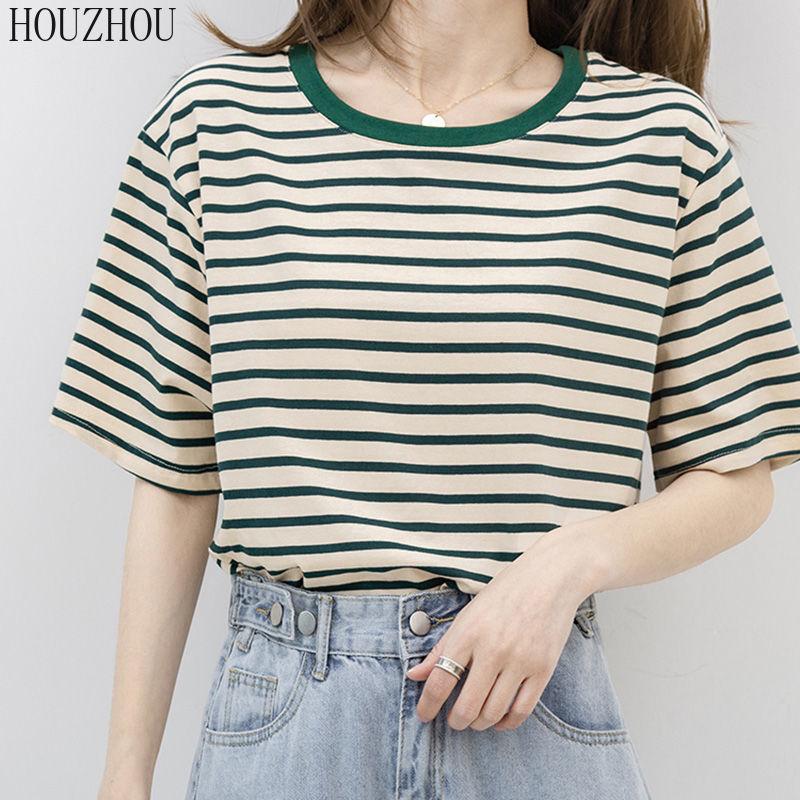 HOUZHOU Полосатая футболка женская зеленая с коротким рукавом летние свободные корейские шикарные повседневные топы большого размера