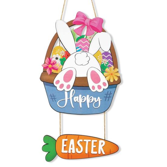 Yousheng Wooden Easter Door Wreath for Front Door Happy Easter Bunny Eggs Porch Sign for Spring Window Wall Hanging Decor