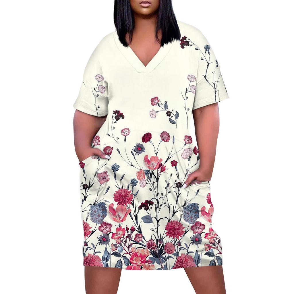 Лето плюс размер V-образным вырезом с коротким рукавом и карманом до колена с градиентным принтом повседневное платье для женщин