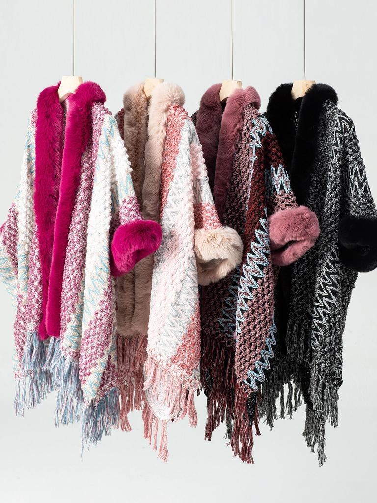 Женский осенне-зимний большой размер полосатый меховой воротник вязаный кардиган кисточка накидка свободный свитер шаль