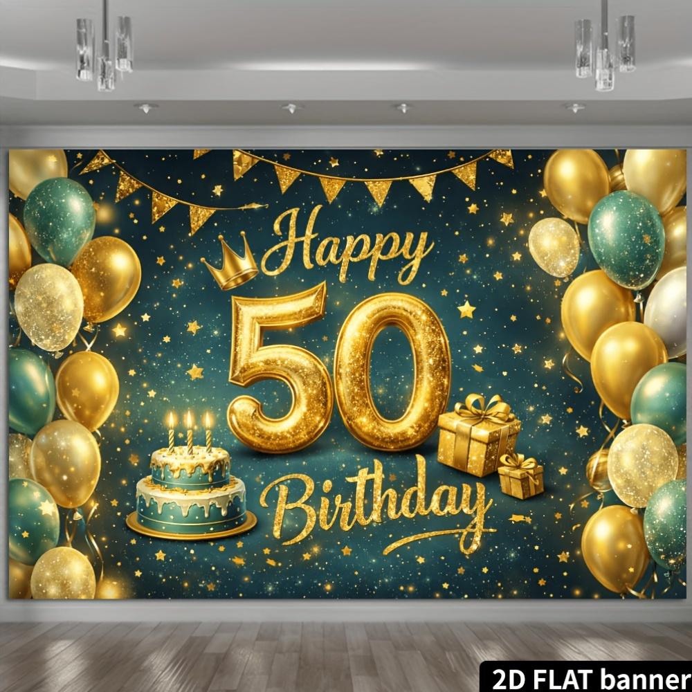 Party banner background - Dark green, gold and white balloons, theme of durable polyester material.