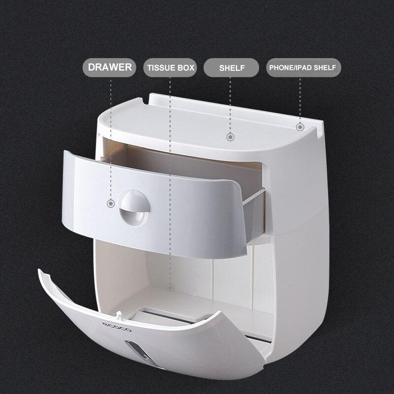 Wall Mounted Waterproof Toilet Paper Holder, Double Layer Bathroom Roll Paper Storage Rack with Drawer, Bathroom Tissue Organizer Shelf