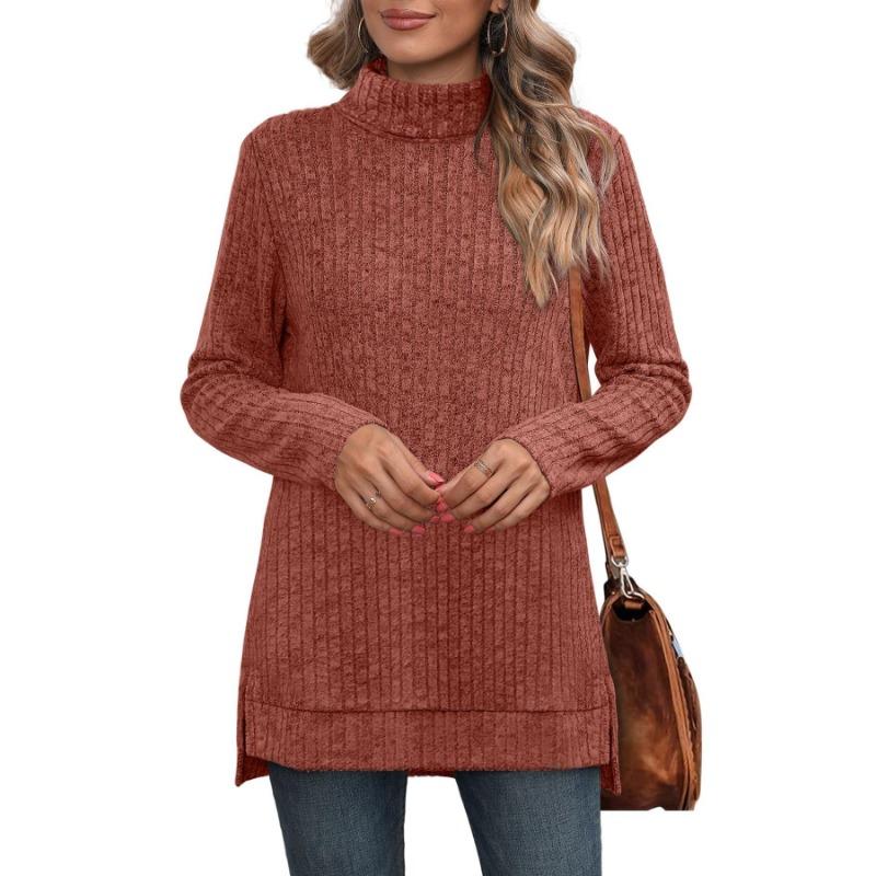 Spring and Autumn Women's Blouse High Neck Bib Side Split Solid Color Long Sleeve Top