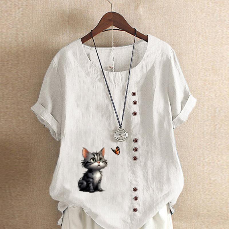 Women's Fashion Cat Prined Short Sleeve T-shirt Loose Cotton Shirt Casual Loose Summer Blouse Tops Plus Size