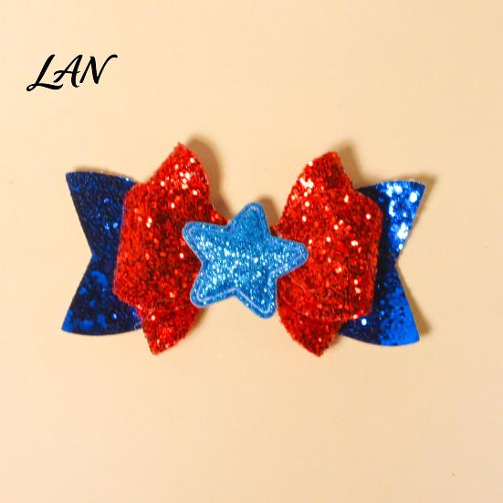 Fashion Hair Bows Independence Day Bow Clip for Girls, Red Blue White Glitter Hairpin, Double Layer Girls Ornaments with Sequins Star, Accessory