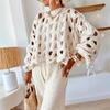 Women's White Crochet Knit Sweater with Oversized Sleeves and Openwork Design