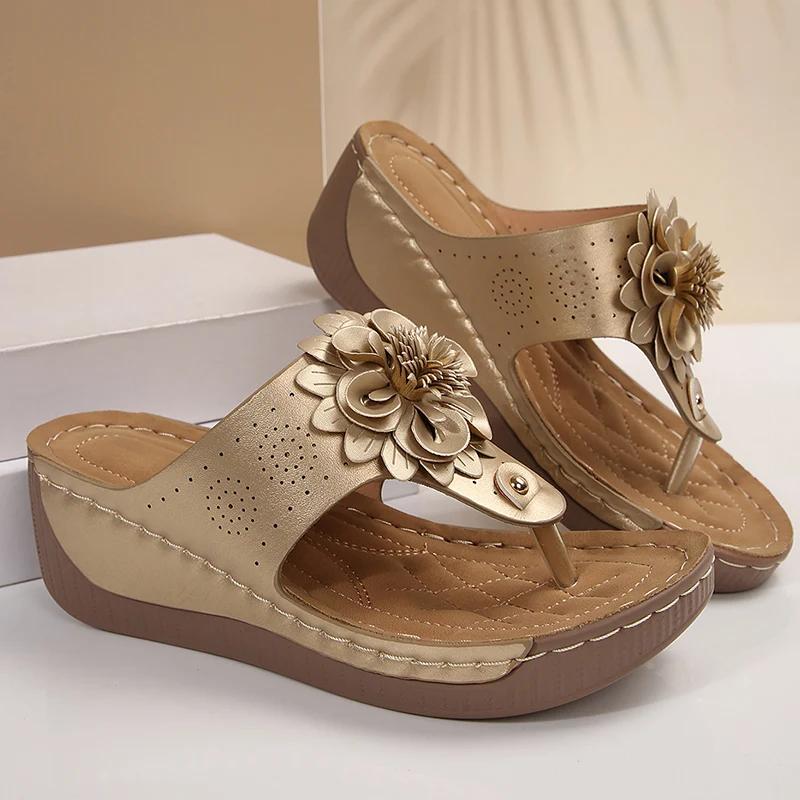 Fashion Big Floral Clip Toe Sandals Women Summer 2025 Comfortable Soft Sole Wedge Heels Slides Woman Casual Plus Size 43 Slippers Mujer