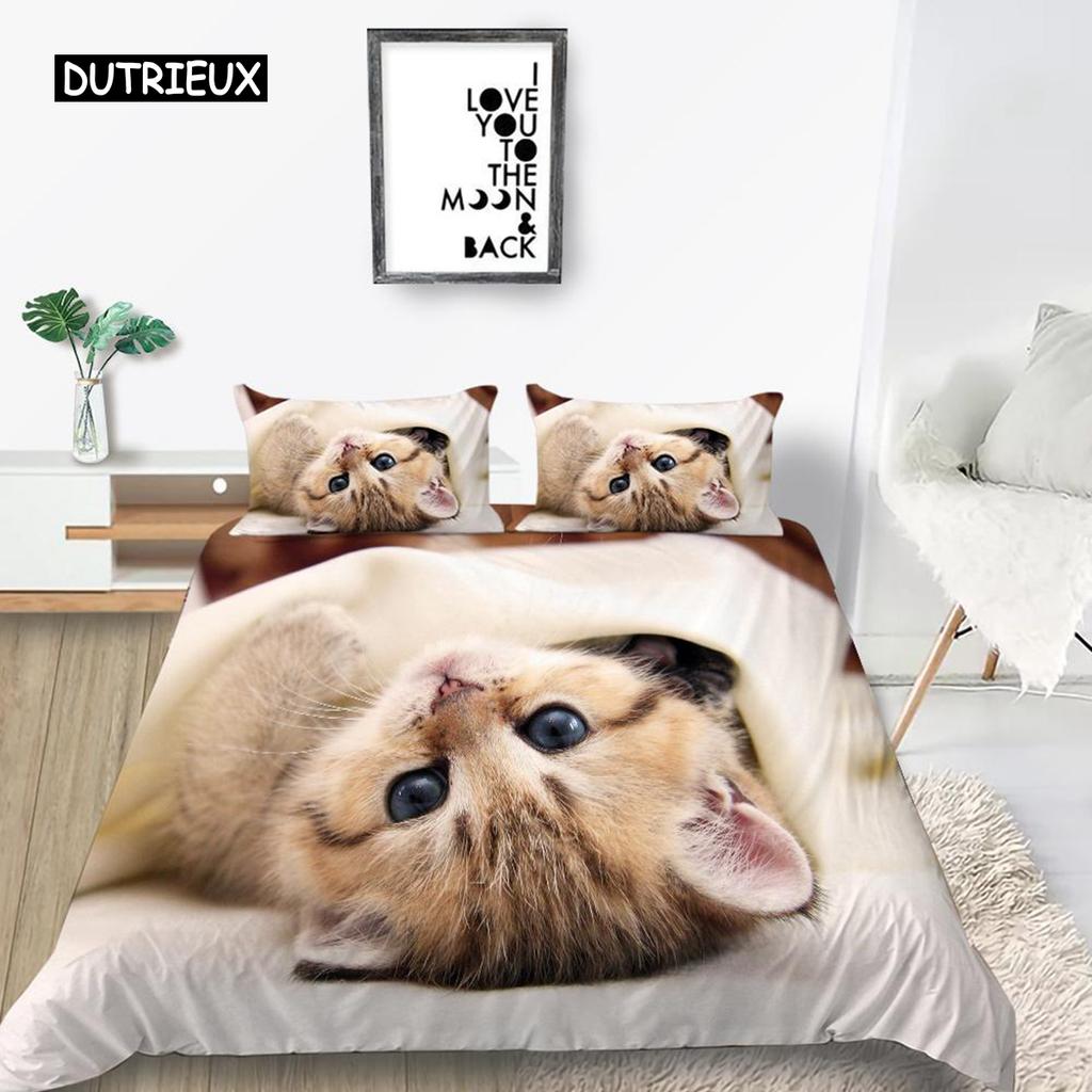 Комплект постельного белья с рисунком кота размера King Size из микрофибры с милым принтом животных для девочек-подростков и детей, комплект постельного белья с рисунком милой кошечки
