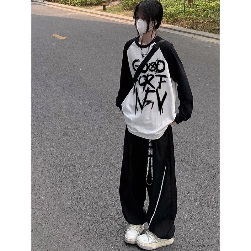 Женская футболка с буквенным принтом, осенне-зимняя, с длинным рукавом, в стиле пэчворк, модный ретро-топ с контрастным вырезом Y2K O-образным вырезом