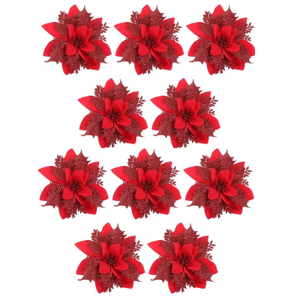10 шт. Рождественские цветы Красные Золотые Блестящие Головки цветов Для Ноэль Домашние Украшения для Елки Навидад Вечеринка Декор для Сервировки Стола Принадлежности