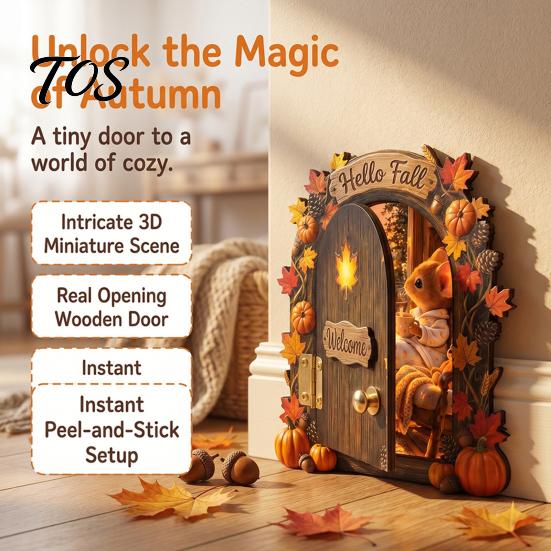 Elf Decorative Ornaments Wooden Door Halloween Decor, 2D Fairy Mouse Miniature Wall Rustic Autumn Shelf Decor Hanging, Ornament for Home, Thanksgiving