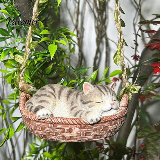 Подвесное украшение-корзинка со спящим котенком, статуэтка кошки, милая фигурка, причудливый декор для сада, смола, для улицы, патио, крыльца, скульптура животного