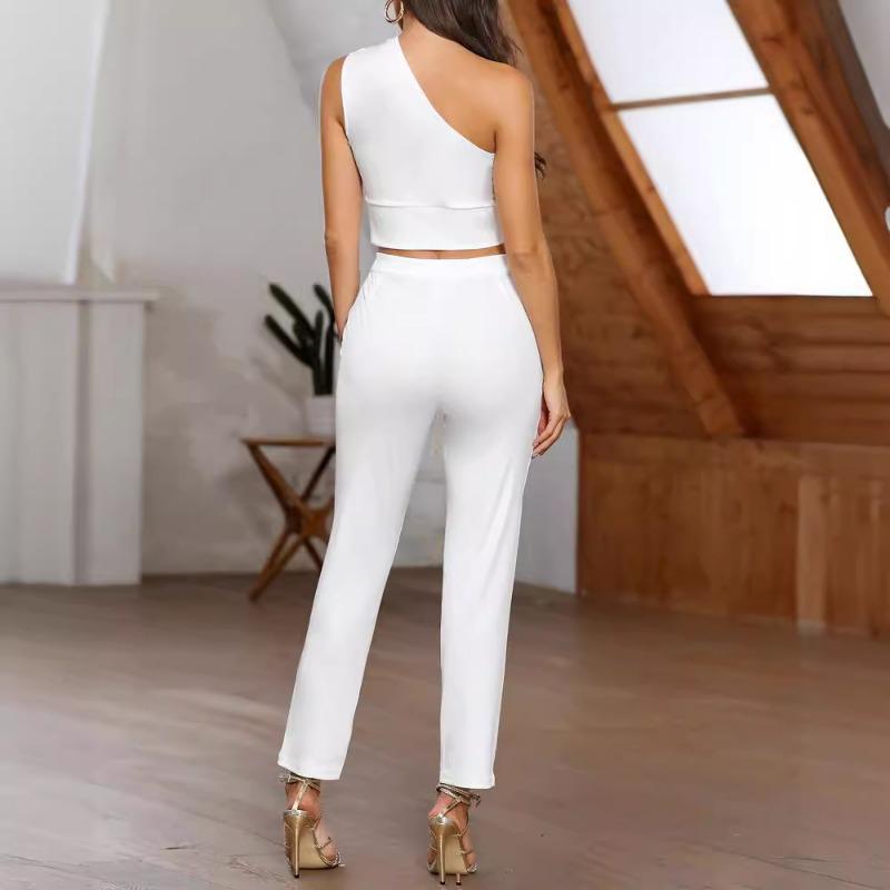 Женский однотонный сексуальный брючный костюм на одно плечо со шнуровкой и девятью точками