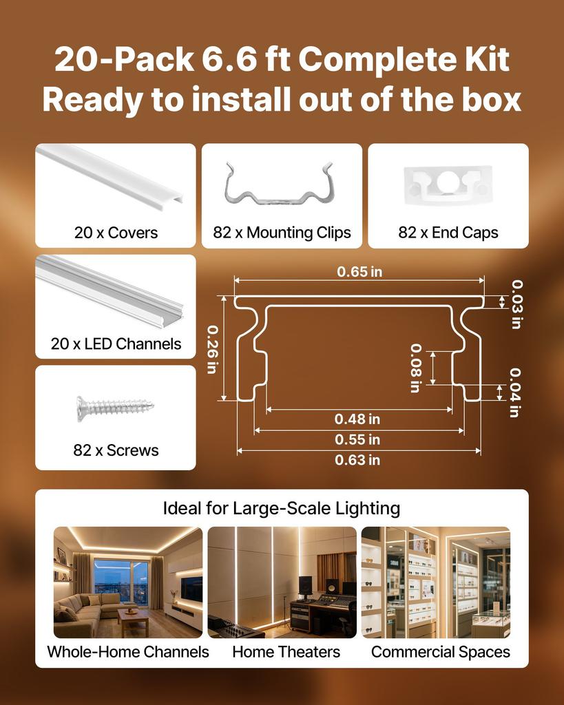VEVOR 20-Pack 6.6 ft/2M U Shape LED Aluminum Channel, with Milky Cover, End Caps and Mounting Clips