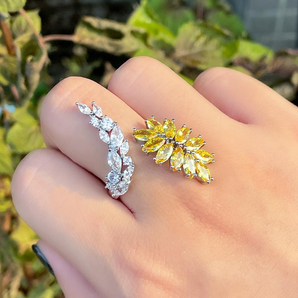 Ювелирные изделия CMM, блестящее желтое кольцо с фианитом в форме листа, обручальное, регулируемое, с открытой манжетой, кольцо на палец для женщин