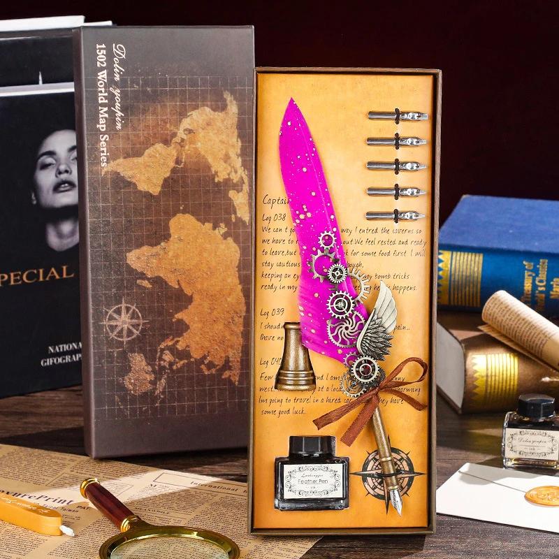 Luxury Fountain Pen Set Vintage Sprinkling Gold Feather Pens Ink Bottle Calligraphy Writing Dip Pen-s Birthday Gift 5 Nib Quill