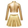 Girls Glossy Metallic Dance Set Long Sleeve Sequin Crop Top and Short Skirt Figure Skating Costume