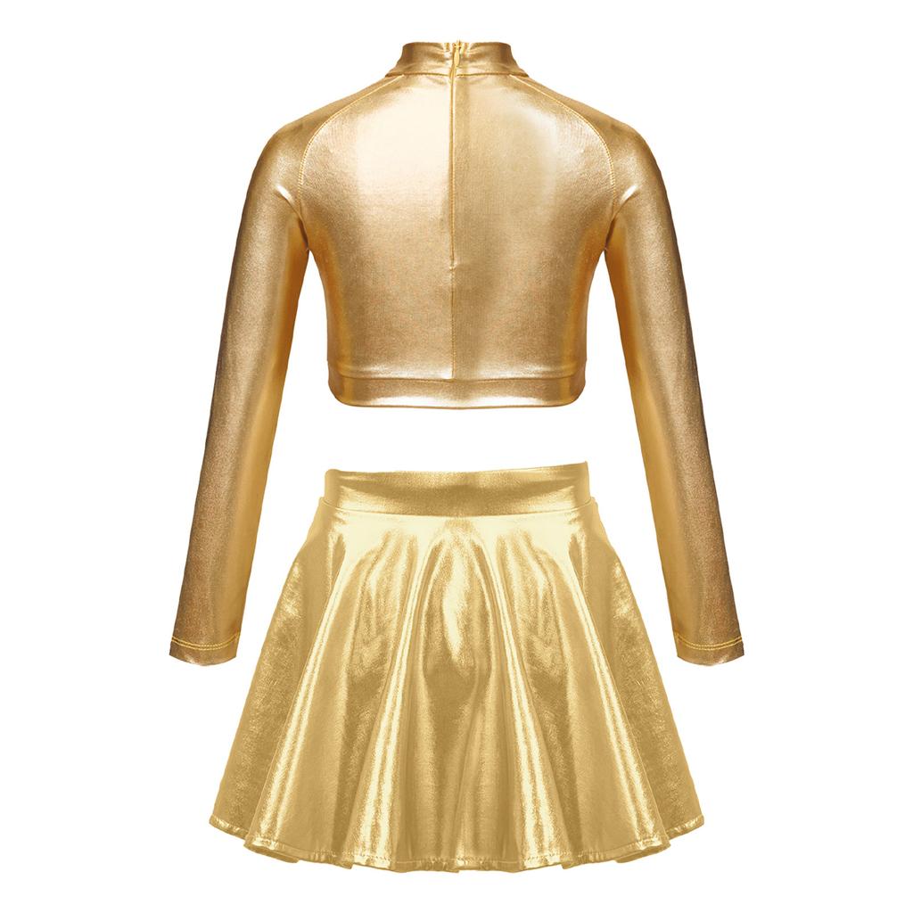 Girls Glossy Metallic Dance Set Long Sleeve Sequin Crop Top and Short Skirt Figure Skating Costume