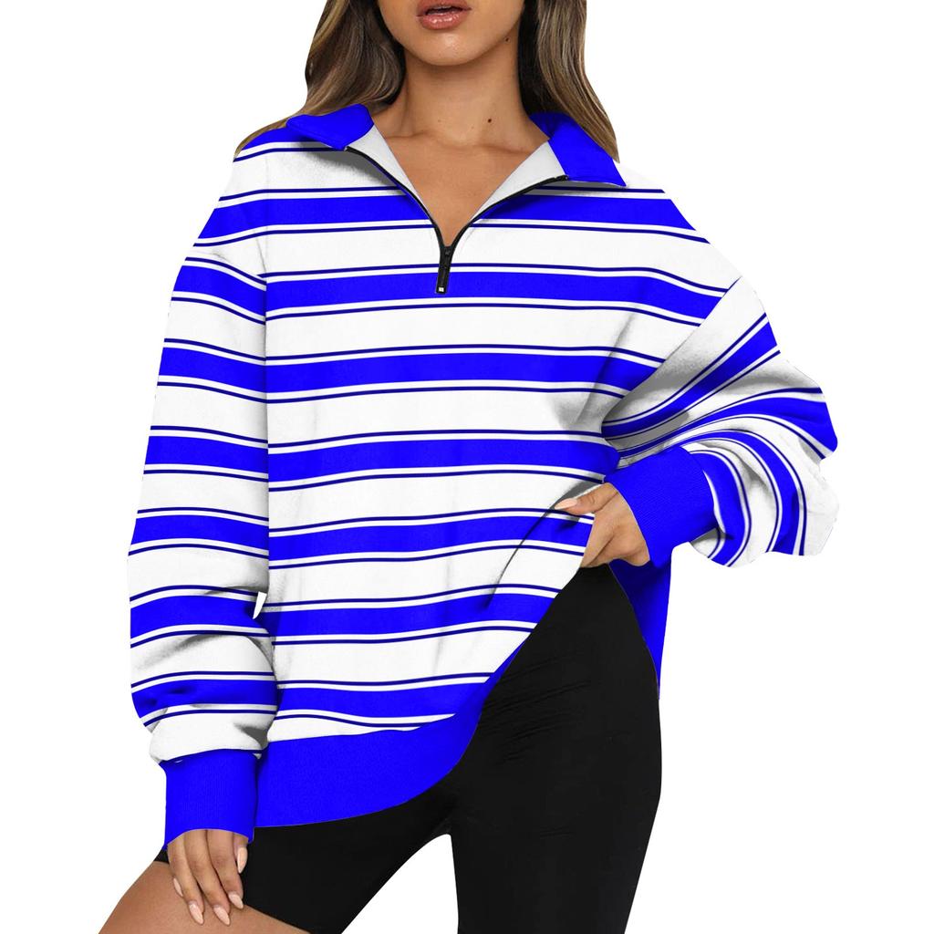 Women's Sweatshirt Fashionable Long Sleeved Striped Printed Half Zip Sweatshirt Top