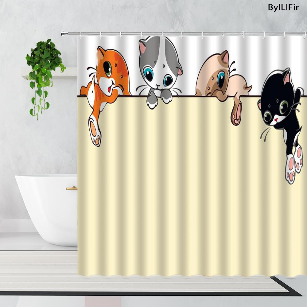 Cartoon Cute Animal Shower Curtain Cat Dog Anime Printed Bathroom Decor 3D Waterproof Bath Fabric Home Curtains For Children