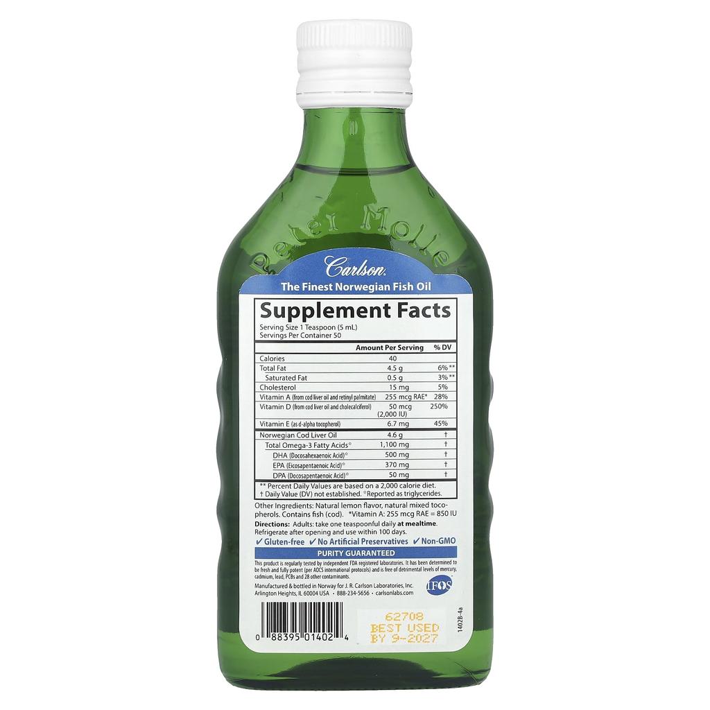 Carlson Super D Omega-3 from Wild Norwegian Cod, Natural Lemon Flavor, 8.4 Fl Oz (250 Ml)