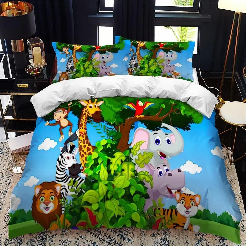 Cartoon Animal Duvet Cover King Queen Zoo Tiger Elephant Lion Bedding Set Kids Colorful Wildlife 2/3pcs Polyester Quilt Cover