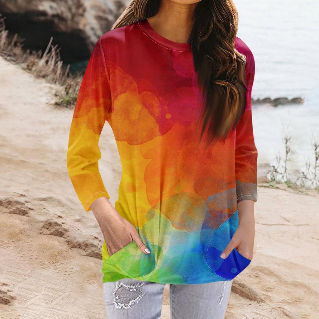 Женская модная повседневная футболка с карманом и круглым вырезом с рукавами 3/4 и топом