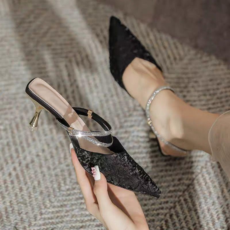 Модные босоножки на шпильках, лето 2024 г., женские босоножки со стразами, на тонком каблуке, женская обувь с бриллиантами для вечеринок, свадеб, с острым носком, дизайнер