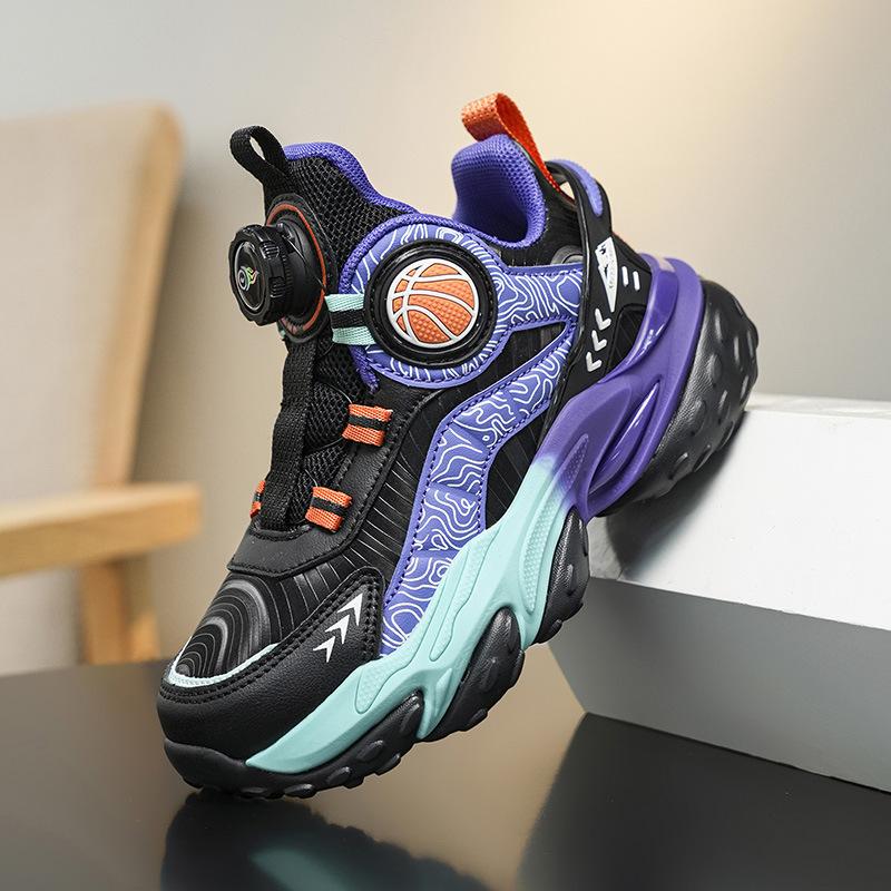 Новые осенние кожаные детские баскетбольные кроссовки для улицы, крутые, с вращающейся пряжкой, нескользящая толстая подошва, фабричные спортивные кроссовки для реальных боевых действий