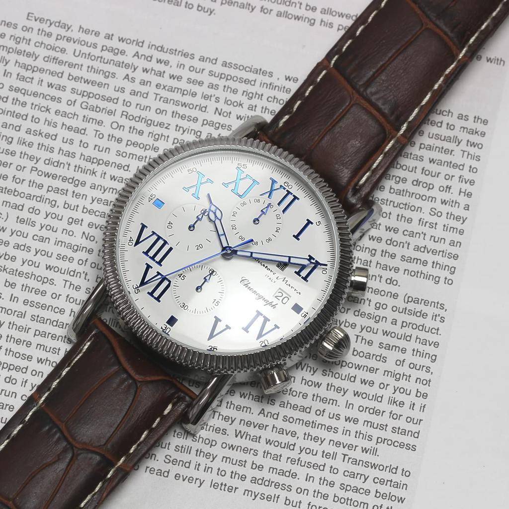 Часы-хронограф с кожаным ремешком, водонепроницаемость 5 АТМ, белый, темно-коричневый [Salvatore Mara] мужские SM19109-SSWHDBR