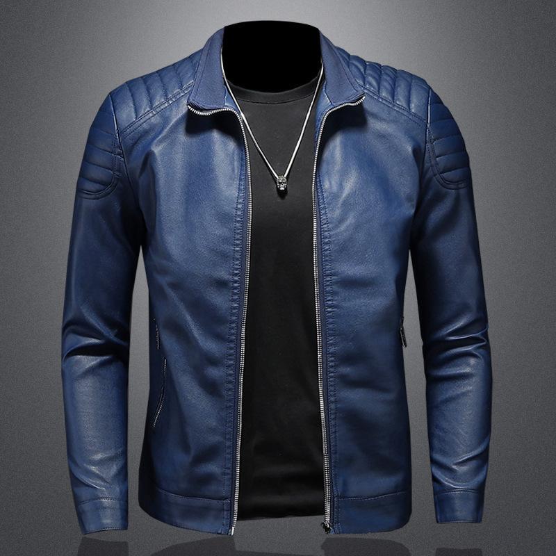 Stand Collar Leather Jacket Men's Trendy New Style Slim and Handsome