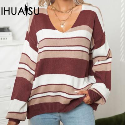 Женский свободный полосатый свитер с V-образным вырезом и длинными рукавами, осенне-зимний свитер с градиентной вязкой