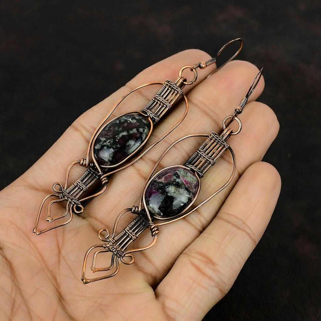 Серьги из эвдиалита, медная проволока, серьги ручной работы, ювелирные изделия из эвдиалита, драгоценные камни, серьги, очень красивые медные украшения, свадебные подарки
