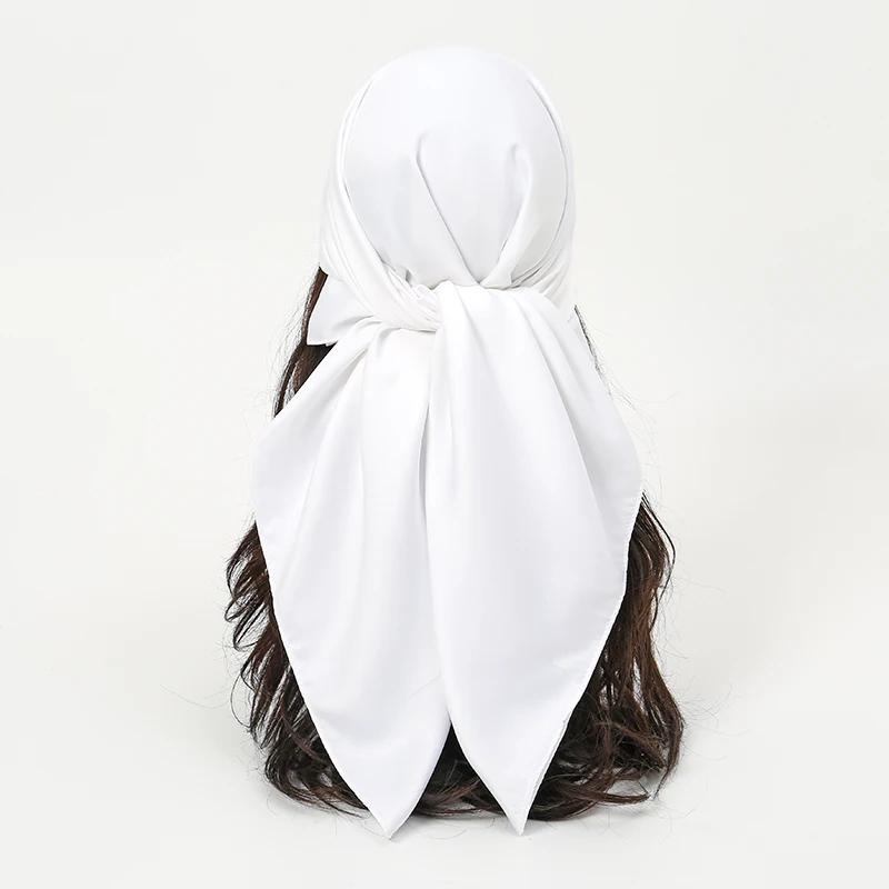 Plain Silk 90 Square Scarf Satin Headband For Muslim Woman Hijabs Wraps Fashion Hair Scarf Casual Islam Turban Female Bandbana