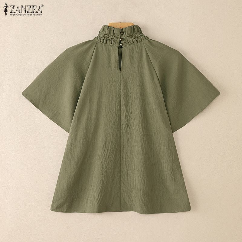 ZANZEA Женская повседневная блузка с высоким воротником, свободного кроя, с короткими рукавами, для лета