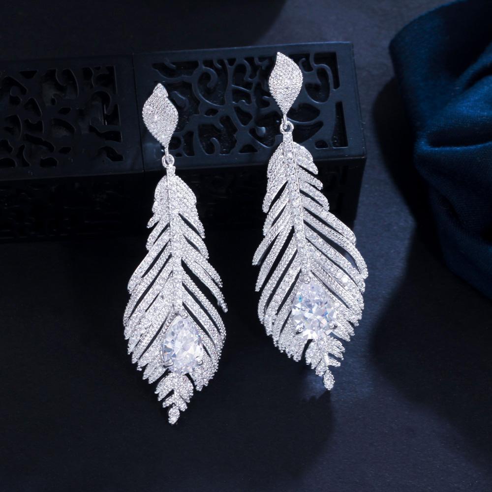 CMM Beautiful Sparkling Zircon Long Feather Drop Earrings