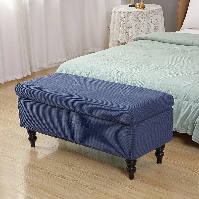 Solid Color Storage Ottoman Covers Rectangle Elastic Bedside Footstool Cover Non-Slip Polar Fleece Footrest Seat Bench Slipcover