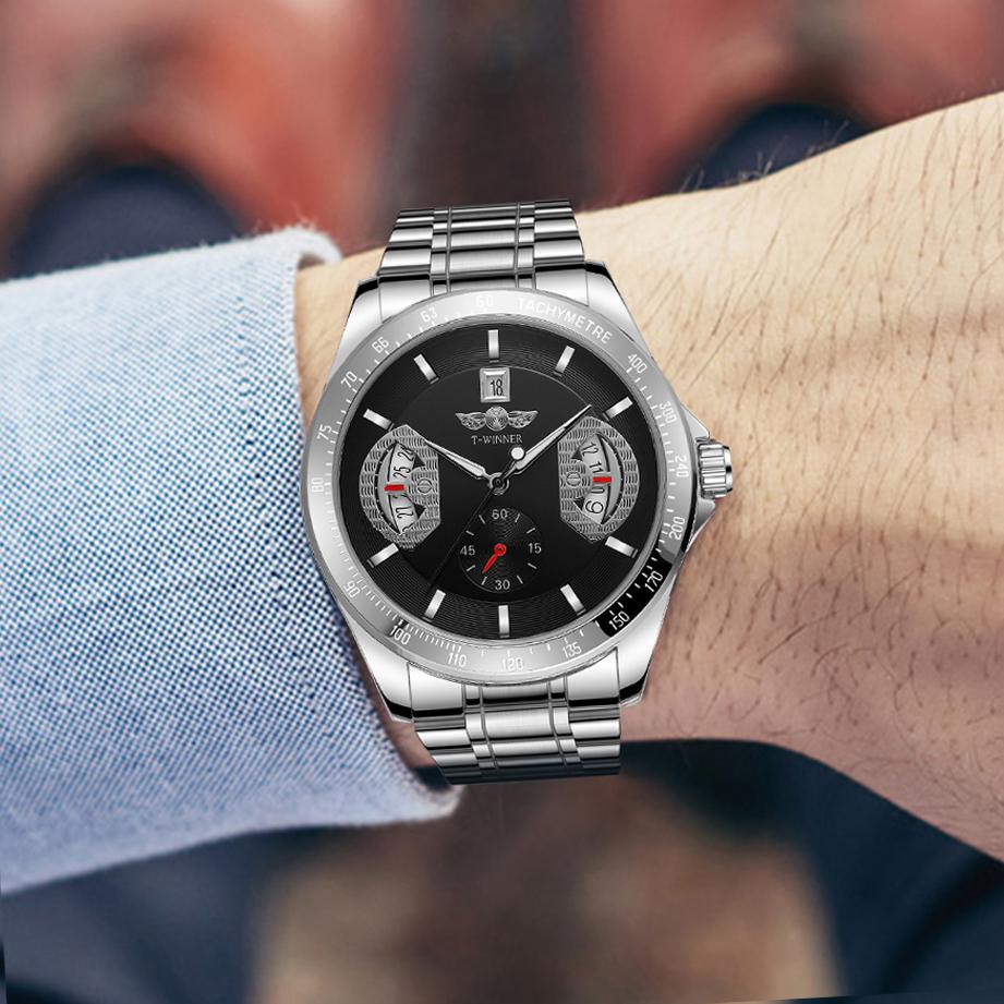 WINNER Спортивные золотые автоматические часы для мужчин, отображение даты, люминесцентные стрелки, ремешок из нержавеющей стали, роскошные механические часы высшего бренда