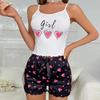 Summer Women's Milk Silk Sleeveless Camisole Shorts Pajama Set with Heart Print Casual Sleepwear Two-Piece Set