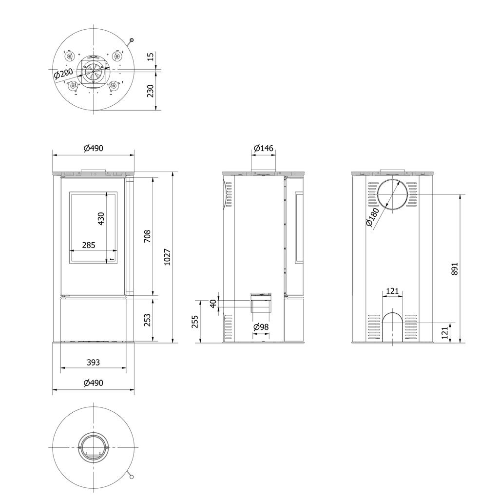 Freestanding steel stove KOZA SKADI with black thermotec and closing mechanism