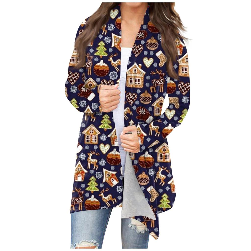 Women's Fashion Casual Christmas Print Medium Length Cardigan Jacket Coat