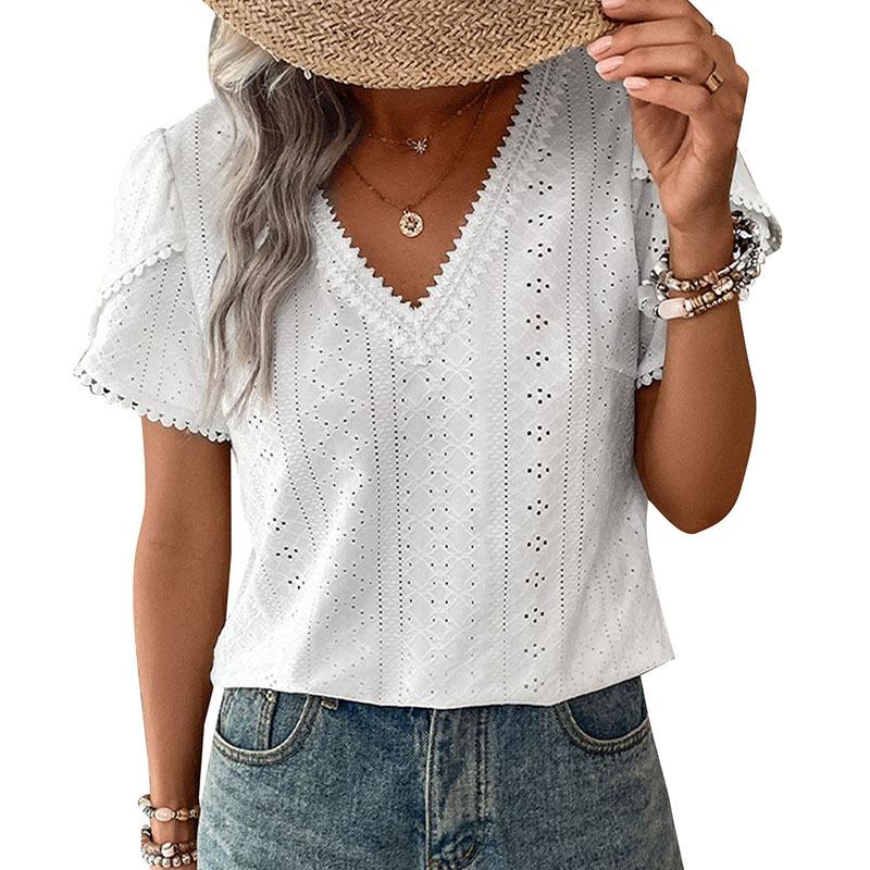 Summer Women's T-shirt Textured V-neck White Shirt Short Sleeve Tops