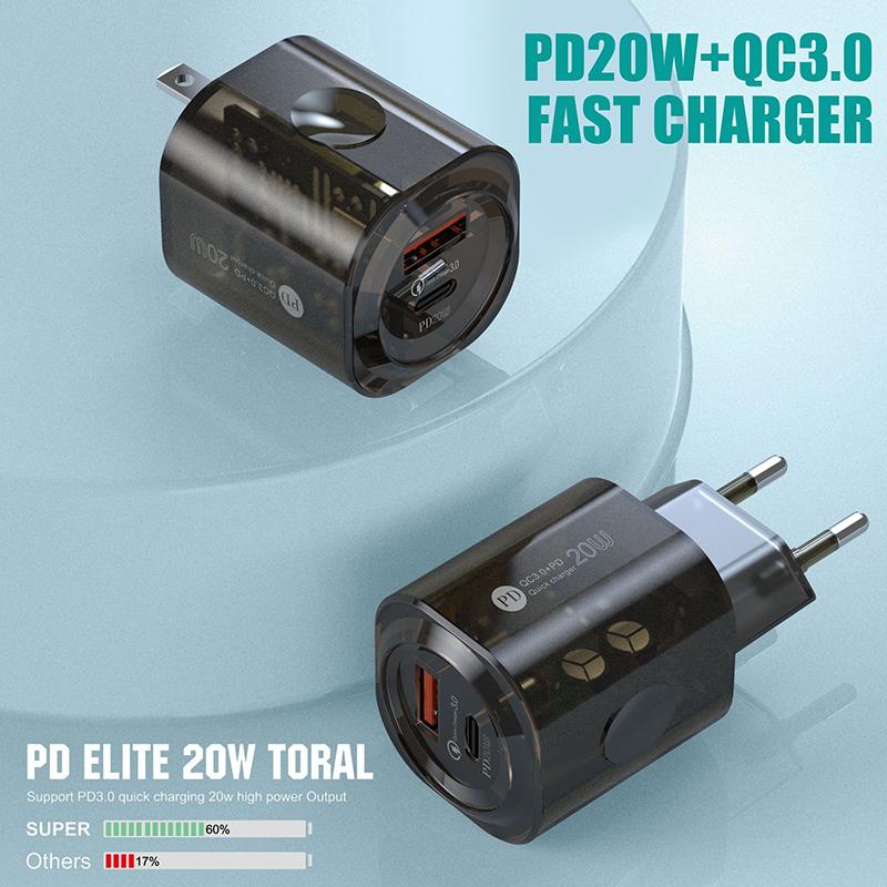 Pd 20 Вт USB и Type-C Двойные порты Быстрое зарядное устройство Quick 3.0 Адаптер Зарядное устройство для iPhone 14 13 12 Xiaomi Samsung EU и US Настенная зарядка