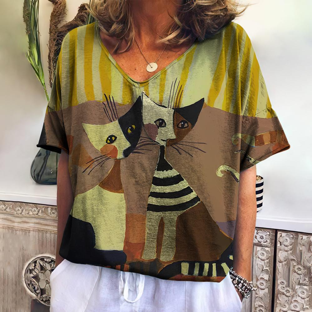 Женская одежда, летняя женская футболка в стиле ретро с рисунком кота, v-образным вырезом и коротким рукавом, повседневная уличная одежда, женская блузка большого размера